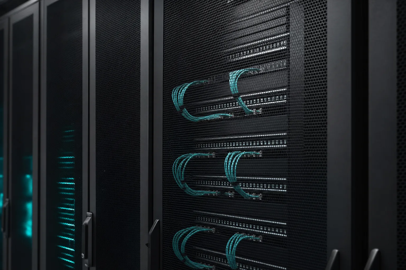 Row of server cabinets with perforated doors